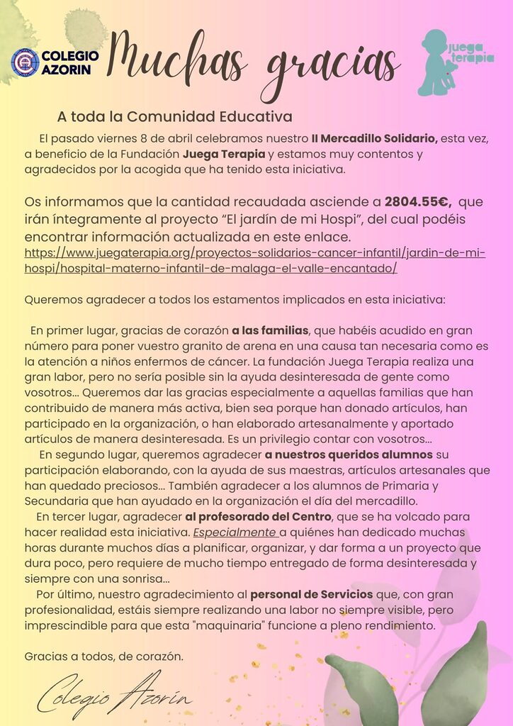 Recaudación II Mercadillo Solidario a beneficio de la Fundación Juega Terapia