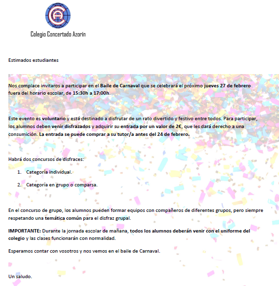 Fiesta de Carnaval Infantil, Primaria y ESO